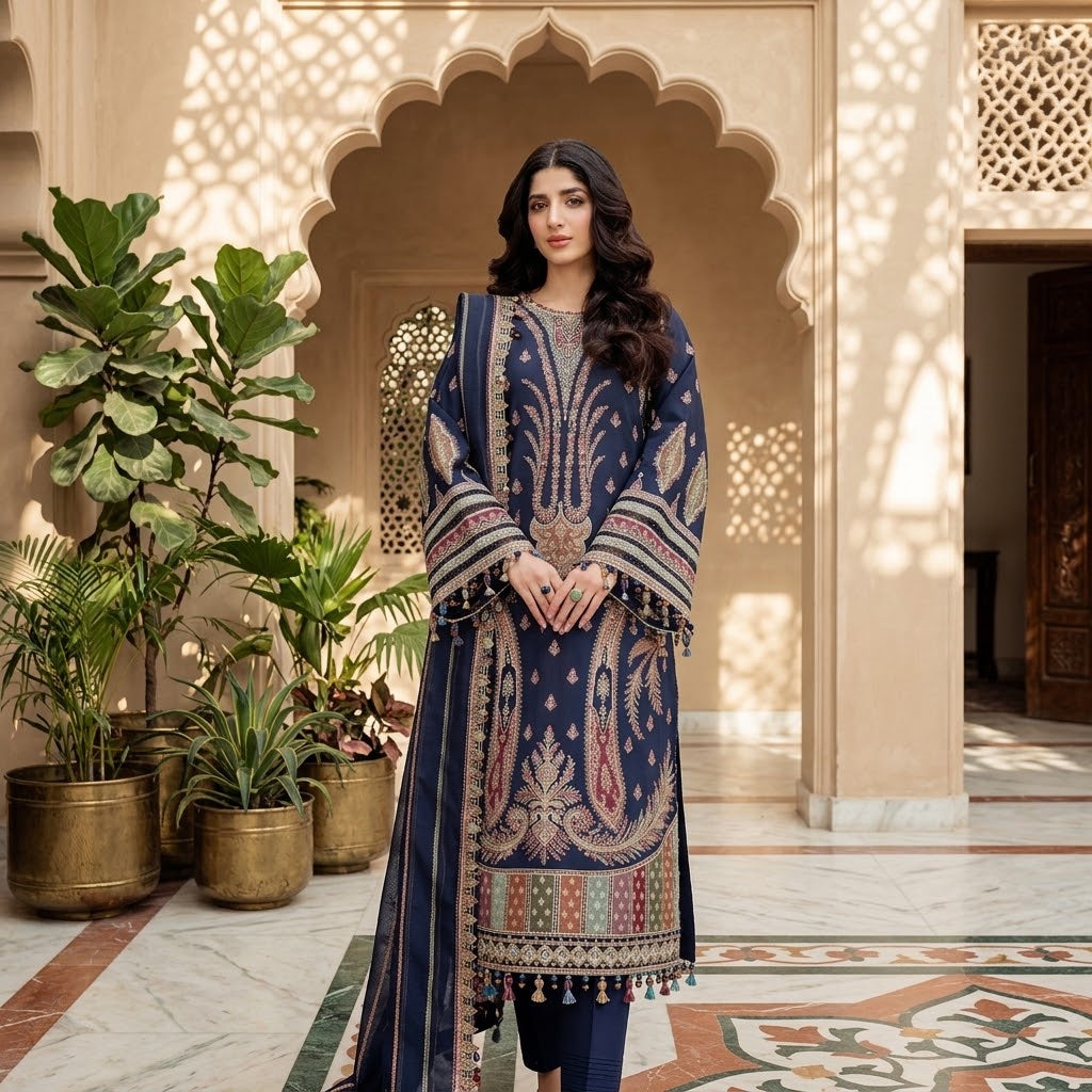 3 Piece Dhanak Embroidered Winter Suit with Chiffon Dupatta & Patches WS-018