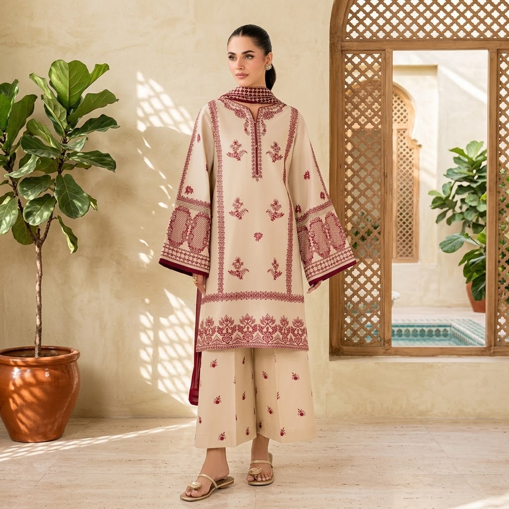 A woman models a traditional beige and maroon embroidered kurta set with matching wide-leg trousers in a sunlit courtyard setting.