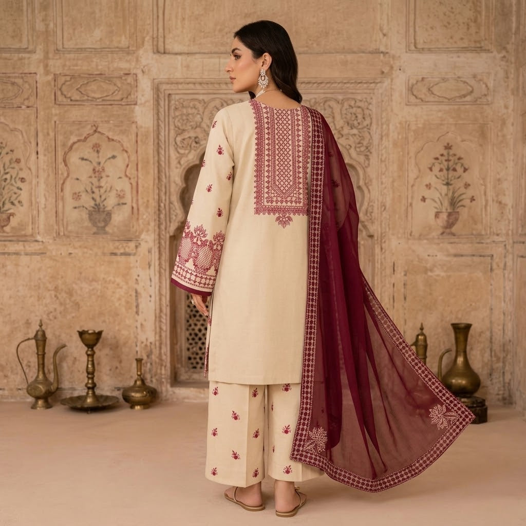 3 Piece Dhanak Embroidered Winter Suit with Shawl & Embroidered Trouser WS-019