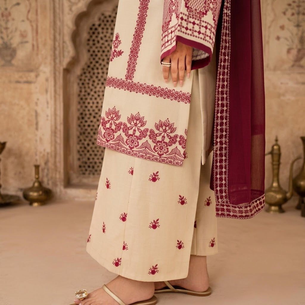 A woman models a traditional beige and maroon embroidered kurta set with matching wide-leg trousers in a sunlit courtyard setting.