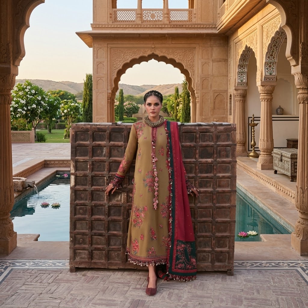 A woman stands in front of a large carved wooden screen in an ornate courtyard, wearing a beige embroidered traditional outfit with floral patterns and a deep red dupatta with dark green border detailing.