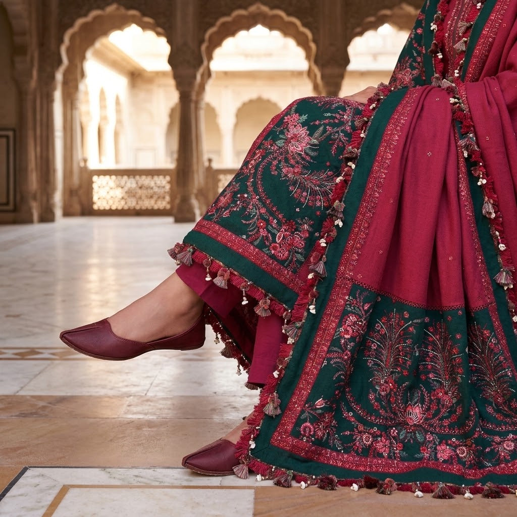 A woman stands in front of a large carved wooden screen in an ornate courtyard, wearing a beige embroidered traditional outfit with floral patterns and a deep red dupatta with dark green border detailing.