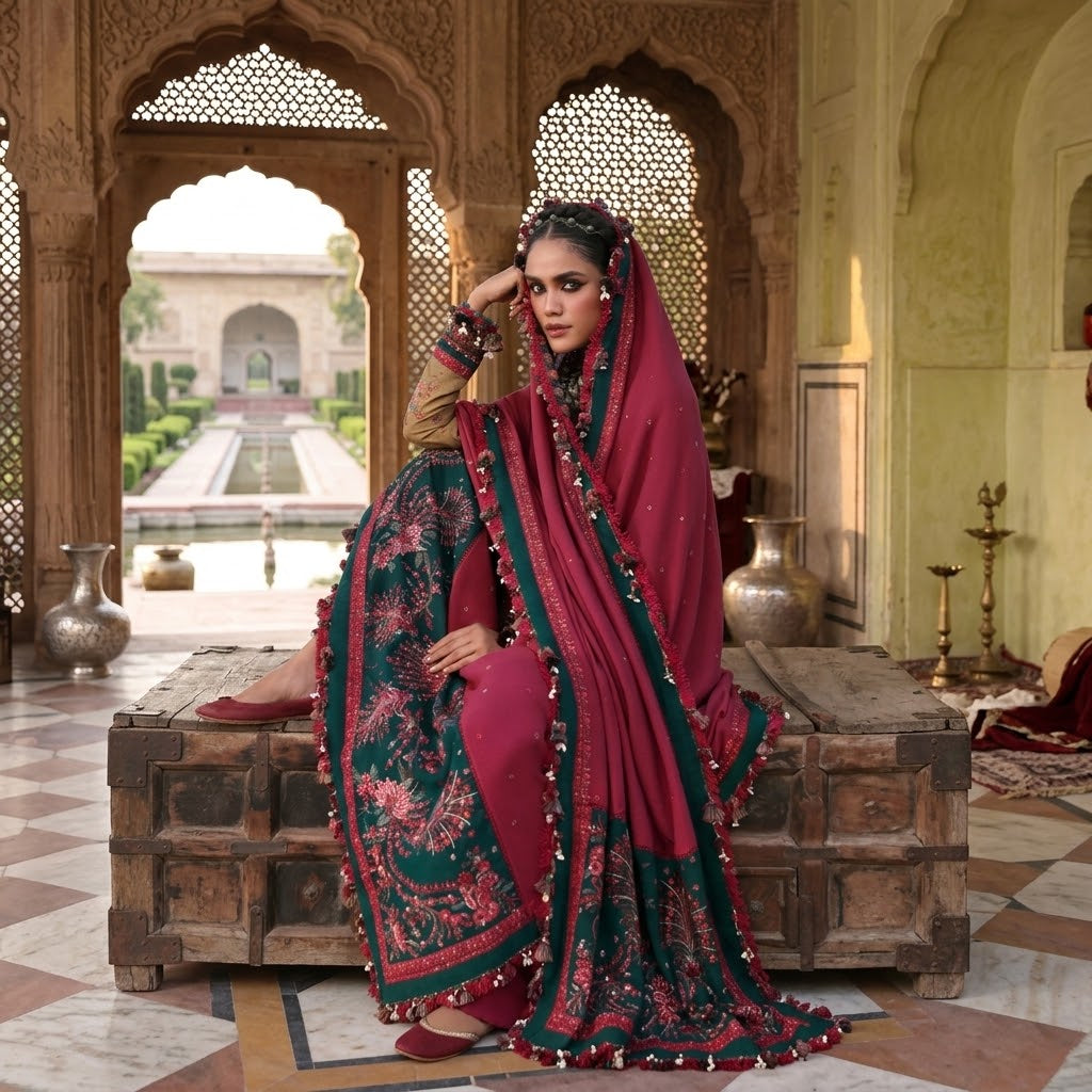 3 Piece Dhanak Embroidered Winter Suit with Shawl & Pallu Patches WS-020