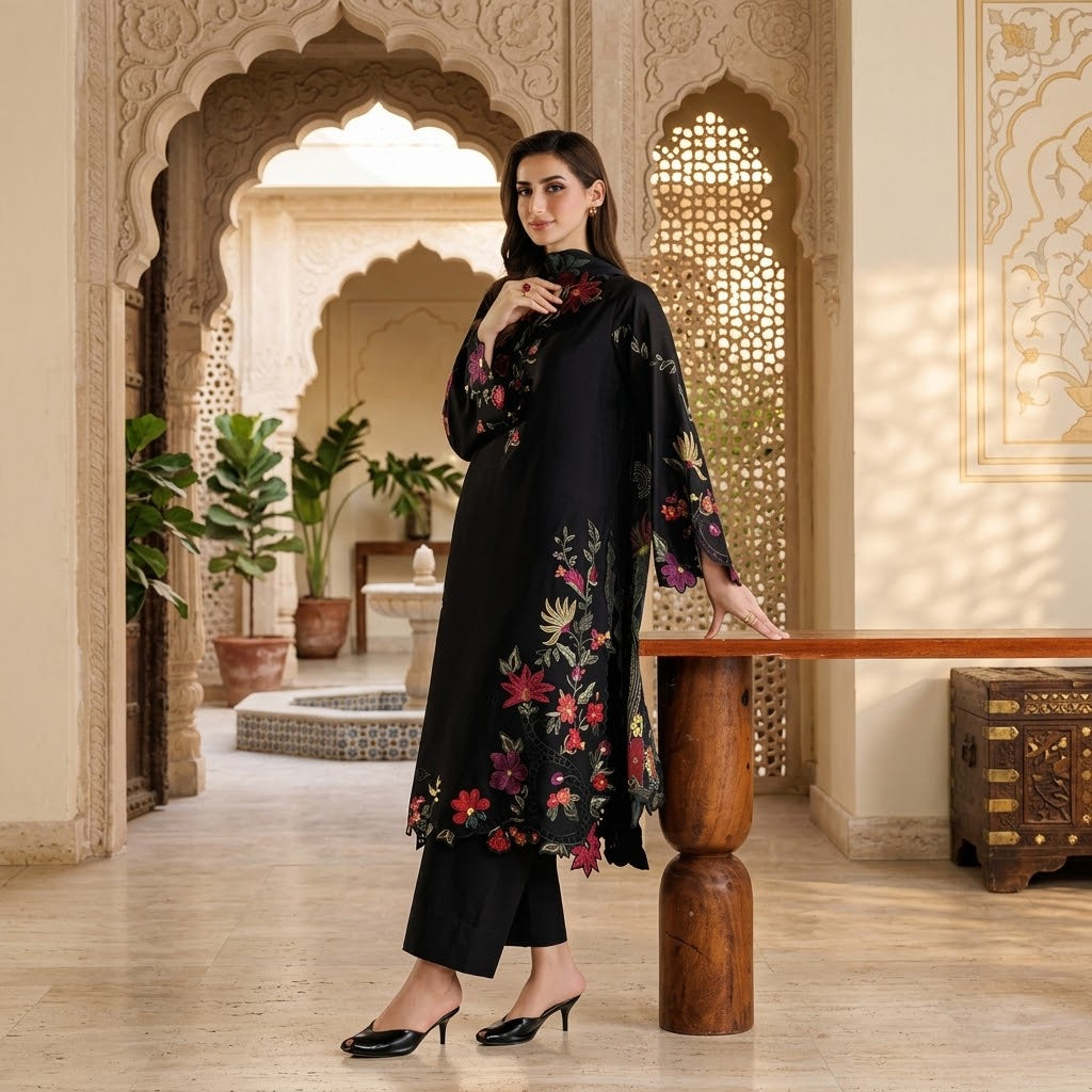 3 Piece Dhanak Embroidered Winter Suit with Embroidered Sleeves, Digital Printed Poly Wool Shawl and Plain Trouser
