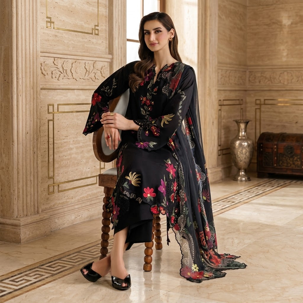 3 Piece Dhanak Embroidered Winter Suit with Embroidered Sleeves, Digital Printed Poly Wool Shawl and Plain Trouser