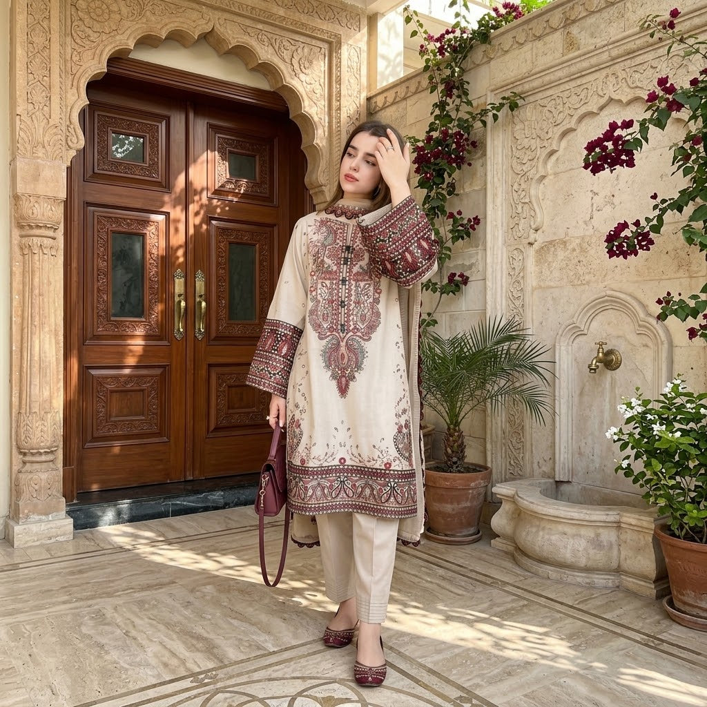 3 Piece Dhanak Embroidered Winter Suit with Daman Patch & Embroidered Shawl WS-022
