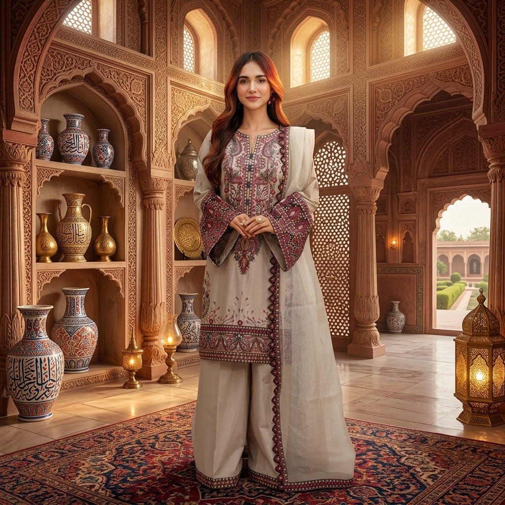 3 Piece Dhanak Embroidered Winter Suit with Daman Patch, Embroidered Sleeves, Embroidered Shawl and Trouser Patch