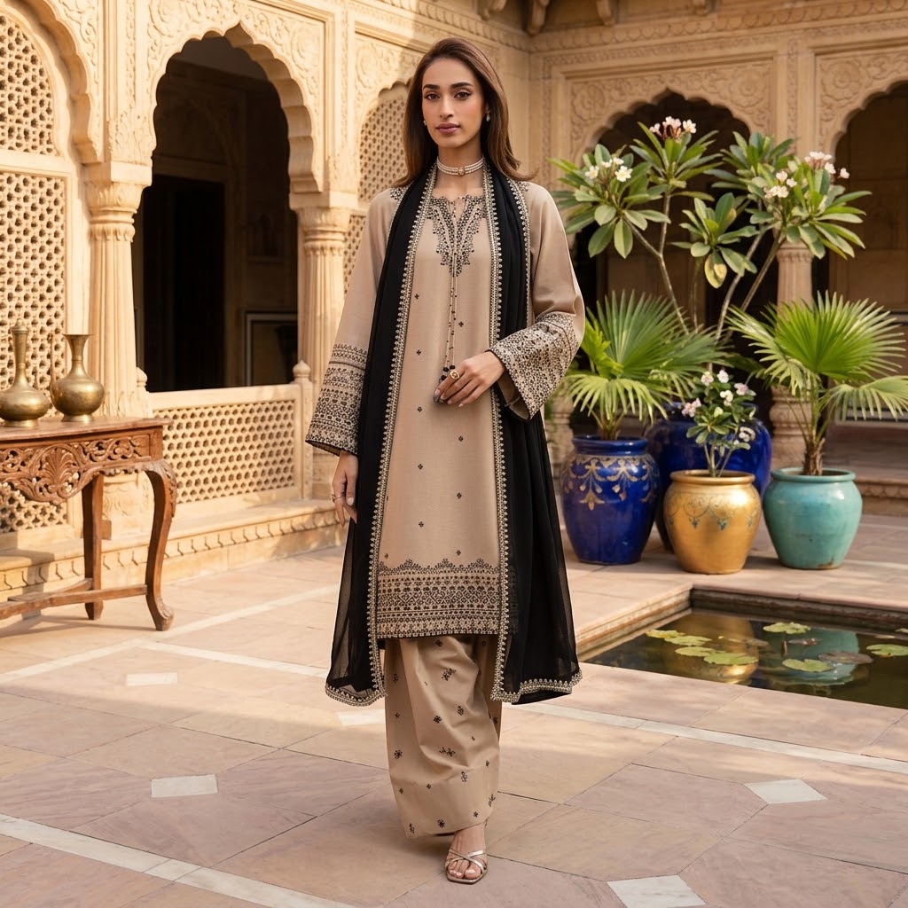 3 Piece Dhanak Embroidered Winter Suit with Embroidered Shirt, Sleeves and Shawl with Plain Trouser