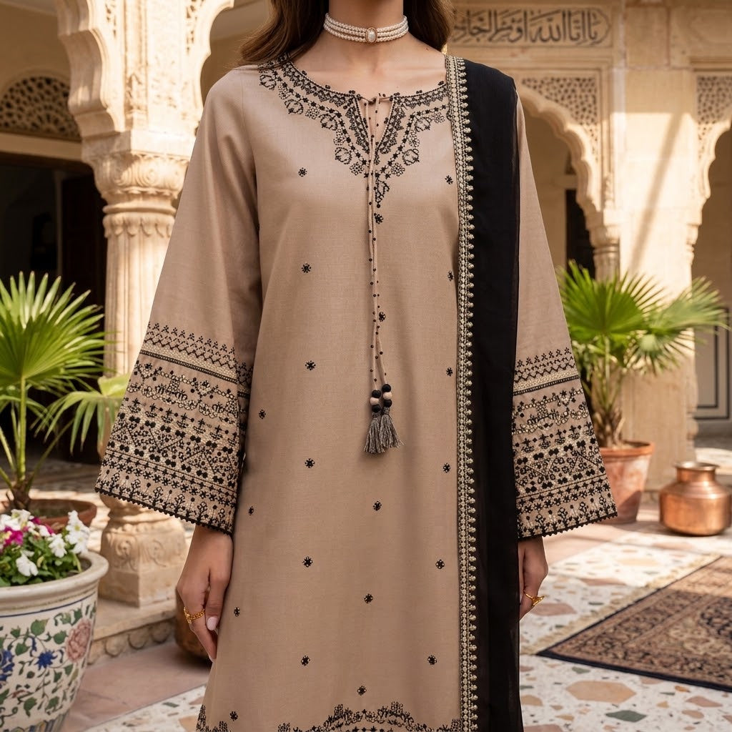 3 Piece Dhanak Embroidered Winter Suit with Embroidered Shawl WS-023
