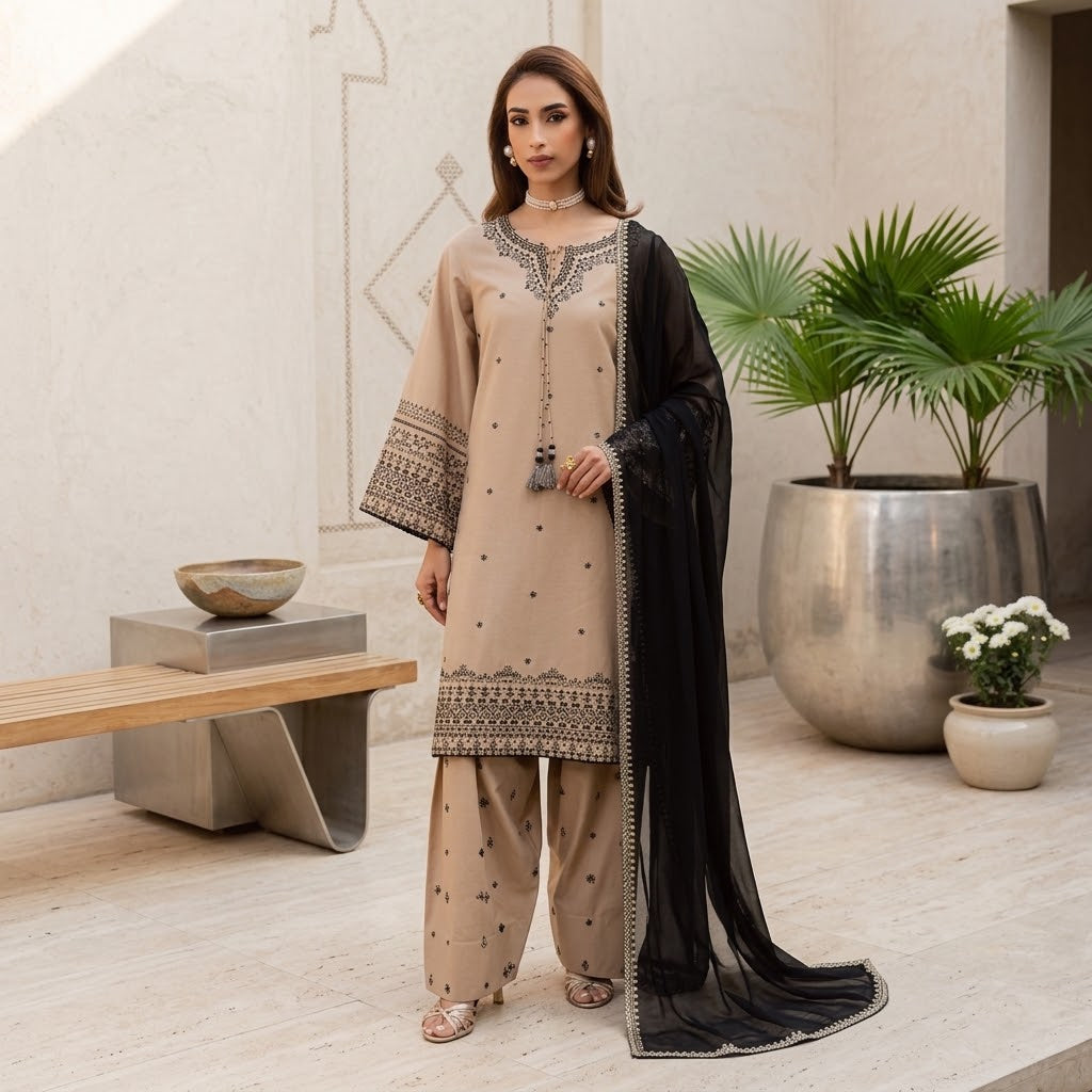 3 Piece Dhanak Embroidered Winter Suit with Embroidered Shawl WS-023
