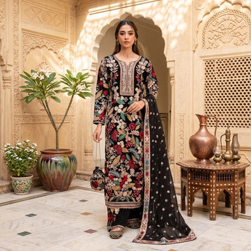 3 Piece Dhanak Embroidered Winter Suit with Embroidered Shirt, Sleeves, Bamber Chiffon Dupatta and Trouser with Motifs