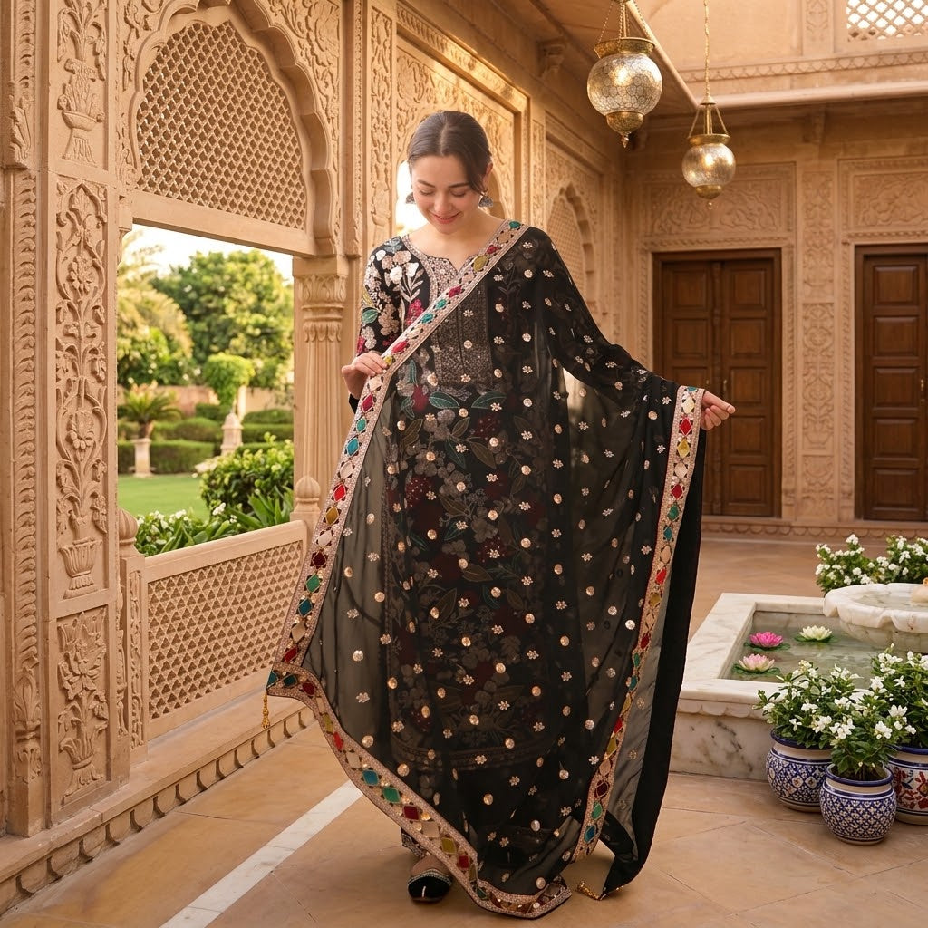 3 Piece Dhanak Embroidered Winter Suit with Embroidered Shirt, Sleeves, Bamber Chiffon Dupatta and Trouser with Motifs