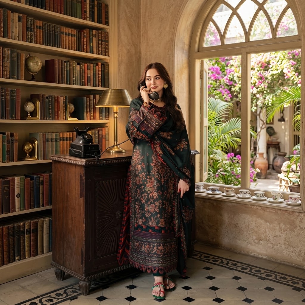 3 Piece Dhanak Embroidered Winter Suit with Daman Patch, Embroidered Sleeves, Embroidered Shawl and Plain Trouser