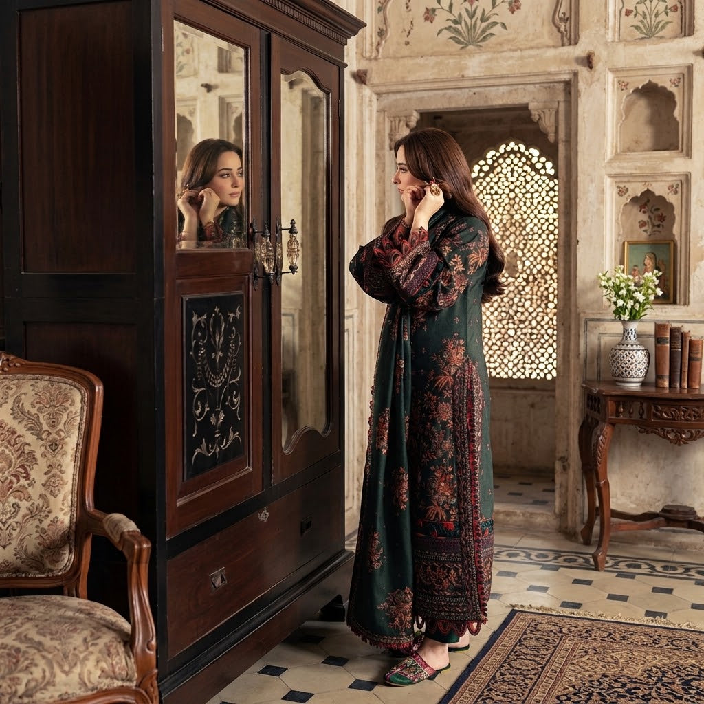 3 Piece Dhanak Embroidered Winter Suit with Daman Patch & Shawl WS-025