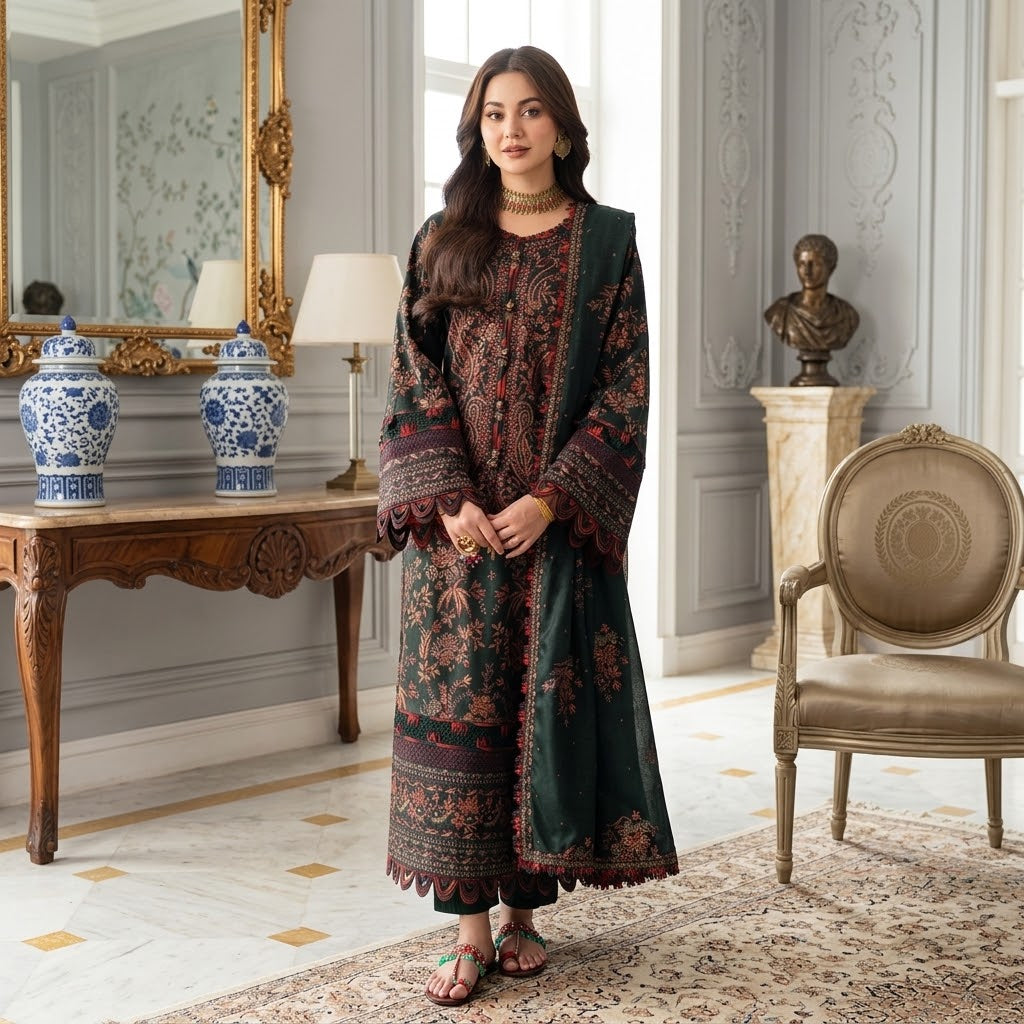 3 Piece Dhanak Embroidered Winter Suit with Daman Patch & Shawl WS-025