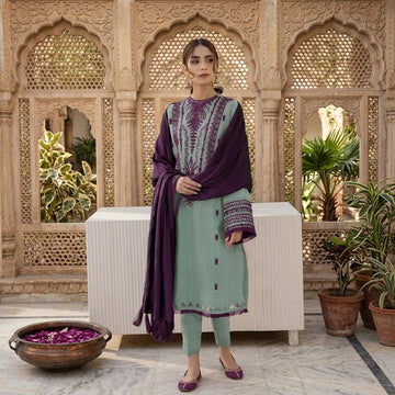 3 Piece Dhanak Embroidered Winter Suit with Embroidered Shirt, Sleeves with Patch, Plain Shawl and Plain Trouser