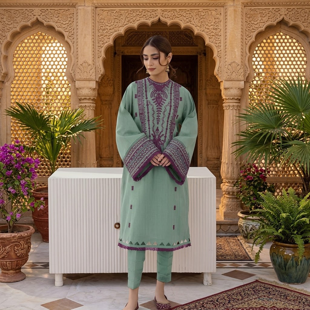 3 Piece Dhanak Embroidered Winter Suit with Embroidered Sleeves WS-026