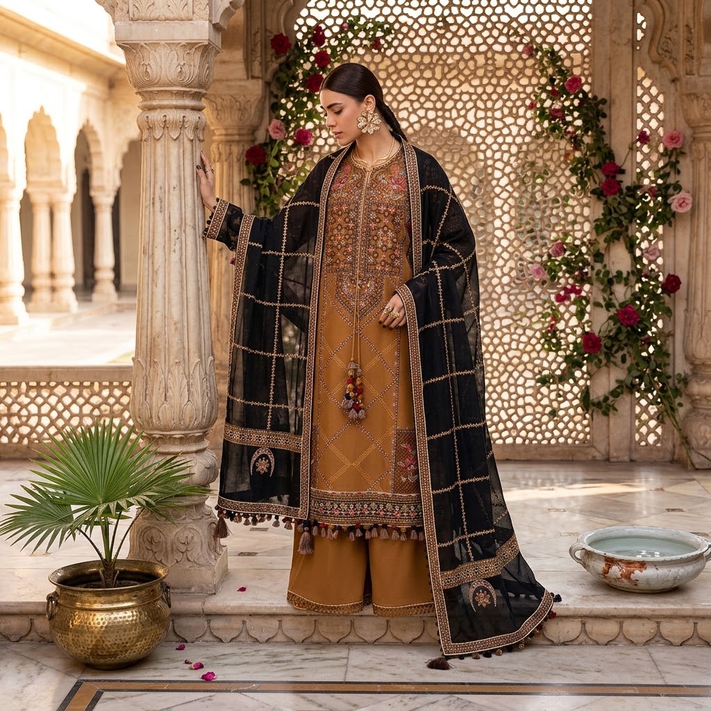 Women's winter embroidered Dhanak 3 piece unstitched suit with embroidered shawl and pallu patch