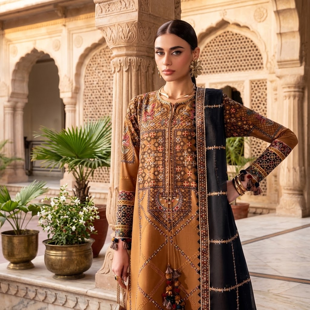 Women's Winter Embroidered Dhanak 3 Piece Unstitched Suit with Embroidered Shawl WS-027