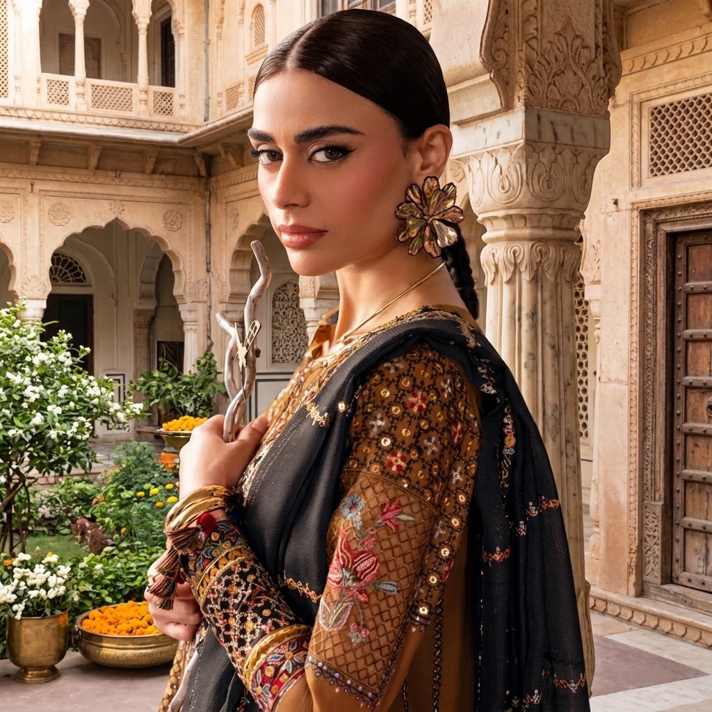 Women's winter embroidered Dhanak 3 piece unstitched suit with embroidered shawl and pallu patch