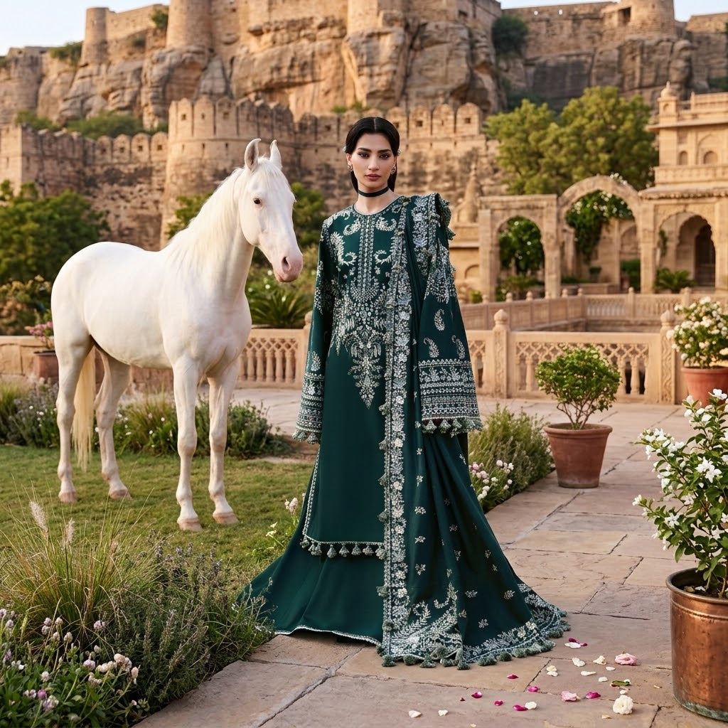 Women's Winter Embroidered Dhanak 3 Piece Suit with Embroidered Shawl WS-028
