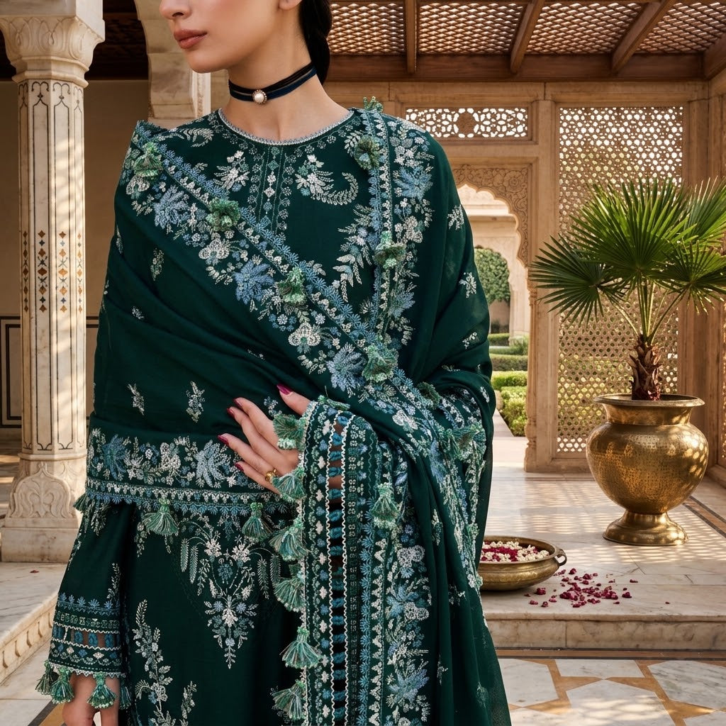 Women's winter embroidered Dhanak 3 piece unstitched suit with embroidered shawl and pallu patches