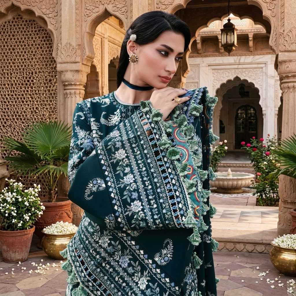 Women's Winter Embroidered Dhanak 3 Piece Suit with Embroidered Shawl WS-028