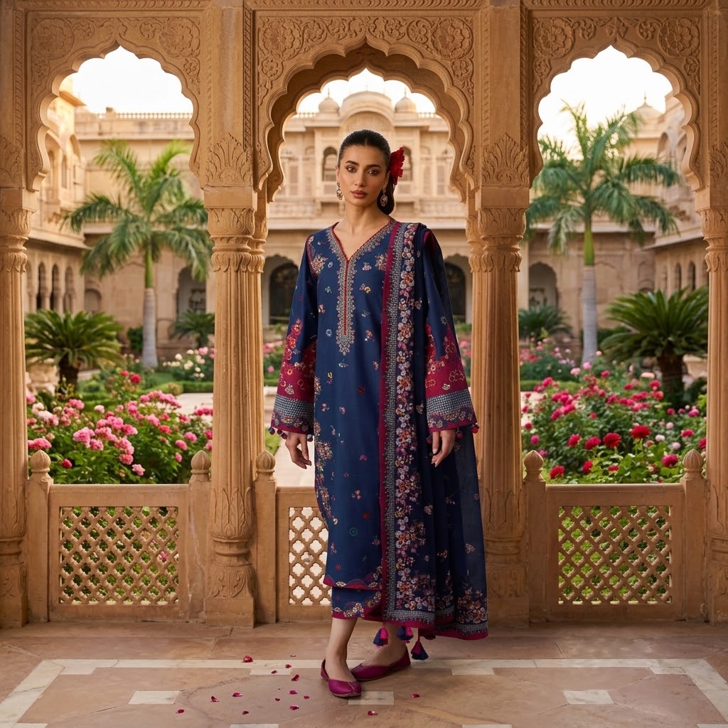 3 Piece Embroidered Dhanak Suit with Bamber Chiffon Embroidered Dupatta WS-029