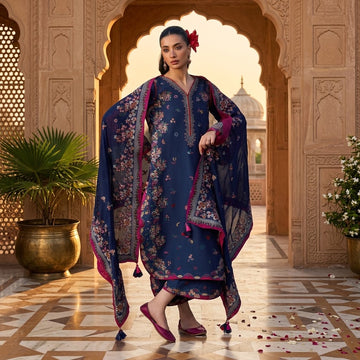 3 piece embroidered Dhanak winter suit with embroidered Bamber chiffon dupatta, embroidered shirt and sleeves, plain Dhanak trouser with patch