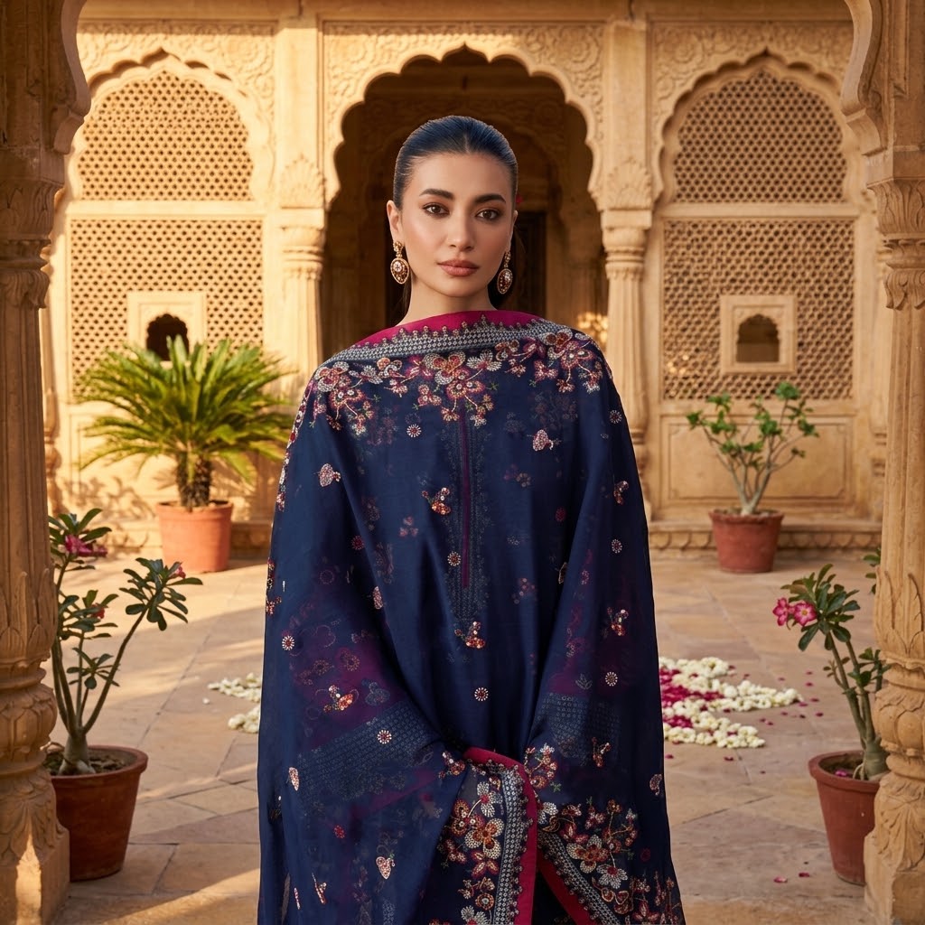 3 piece embroidered Dhanak winter suit with embroidered Bamber chiffon dupatta, embroidered shirt and sleeves, plain Dhanak trouser with patch