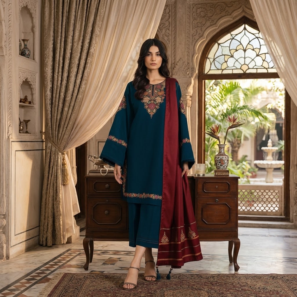 3 piece embroidered Dhanak winter suit with embroidered shirt and sleeves, plain Dhanak shawl with pallu and plain trouser