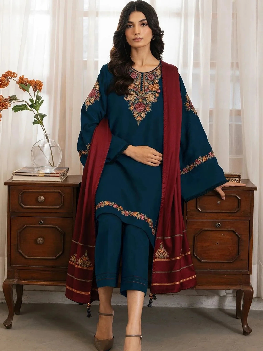 3 piece embroidered Dhanak winter suit with embroidered shirt and sleeves, plain Dhanak shawl with pallu and plain trouser