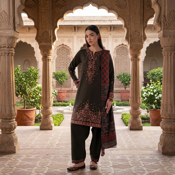 3 Piece Embroidered Dhanak Suit with Digital Printed Poly Wool Shawl WS-031