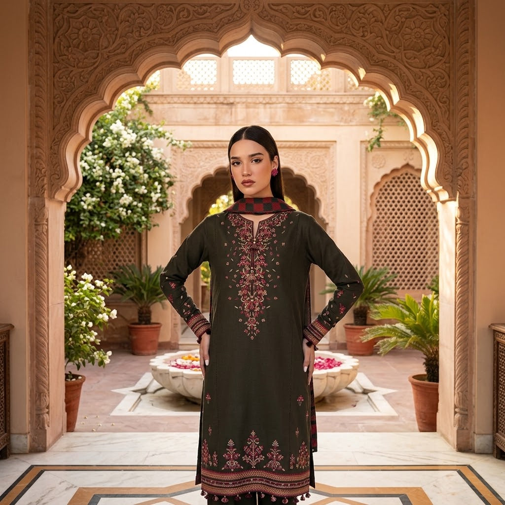 3 piece embroidered Dhanak winter suit with digital printed Poly Wool shawl, embroidered shirt and sleeves, and plain trouser with patch