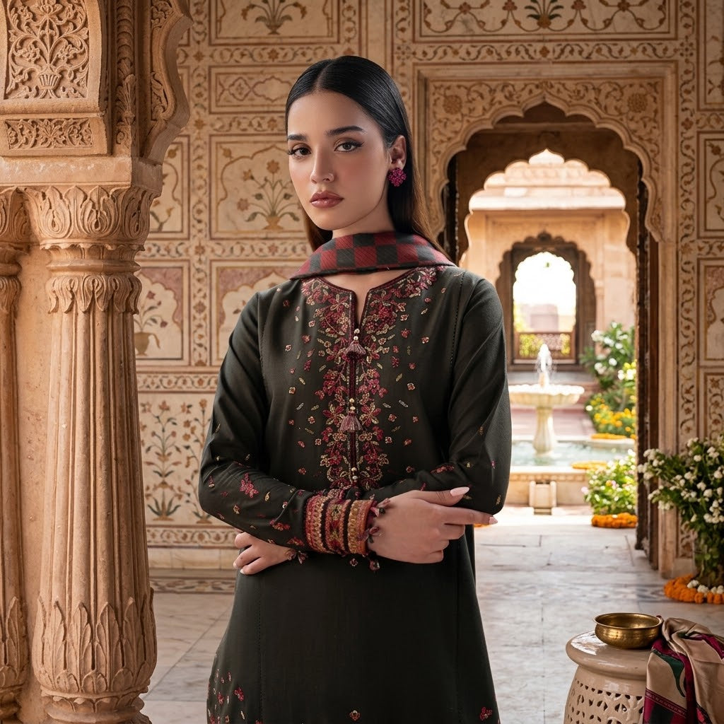 3 Piece Embroidered Dhanak Suit with Digital Printed Poly Wool Shawl WS-031