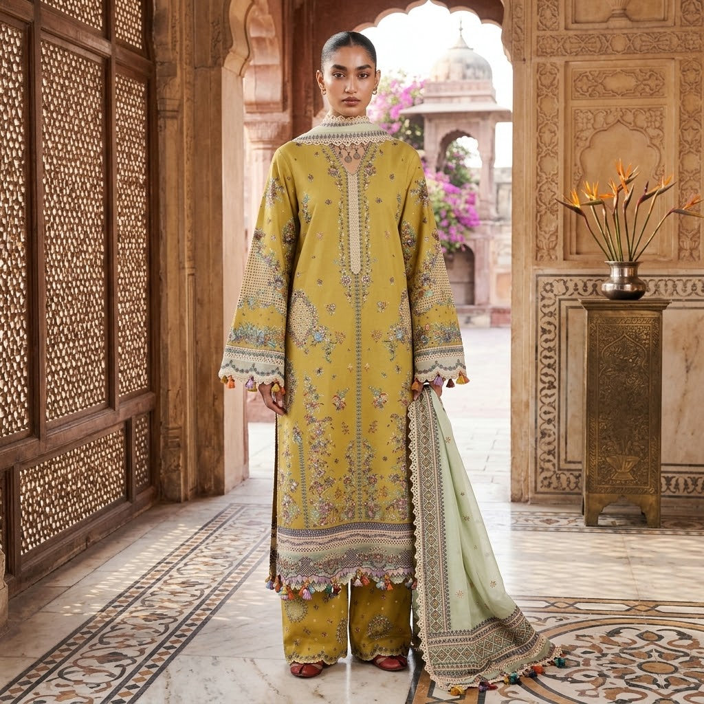 3 Piece Embroidered Chikankari Dhanak Suit with Bamber Chiffon Dupatta WS-032