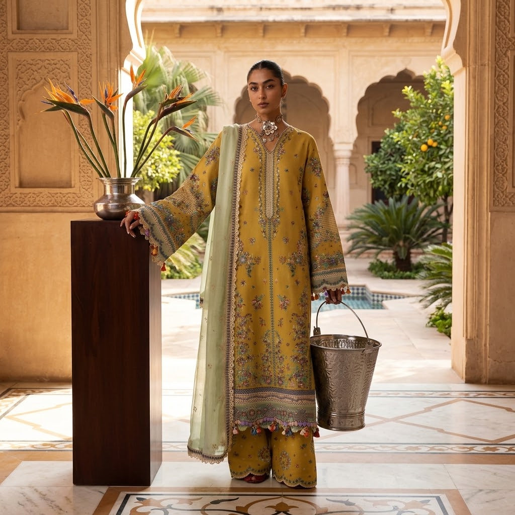 3 Piece Embroidered Chikankari Dhanak Suit with Bamber Chiffon Dupatta WS-032
