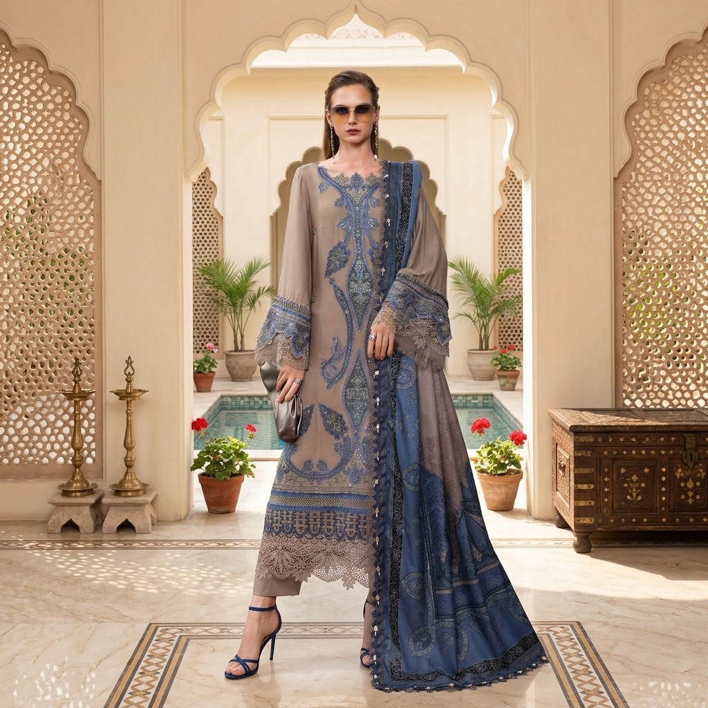 3 Piece Embroidered Dhanak Suit with Daman Patch & Digital Printed Poly Wool Shawl WS-033