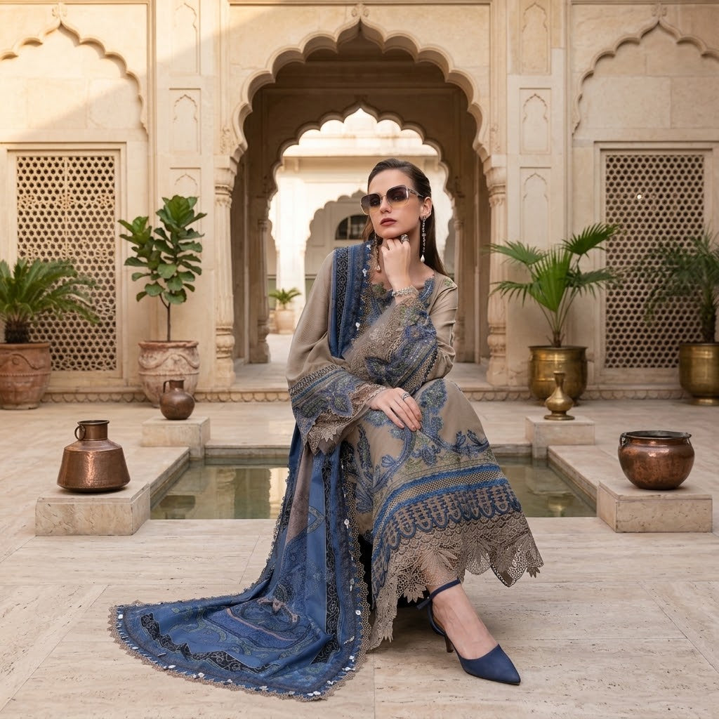 3 piece embroidered Dhanak suit with daman patch, embroidered sleeves, digital printed poly wool shawl and plain trouser