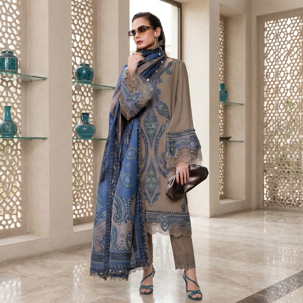 3 Piece Embroidered Dhanak Suit with Daman Patch & Digital Printed Poly Wool Shawl WS-033