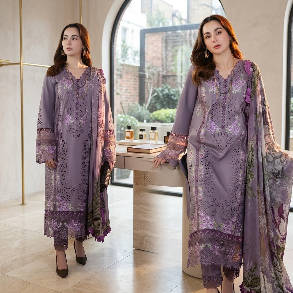 Women's winter embroidered Dhanak 3 piece unstitched suit with embroidered Bamber chiffon shawl and trouser
