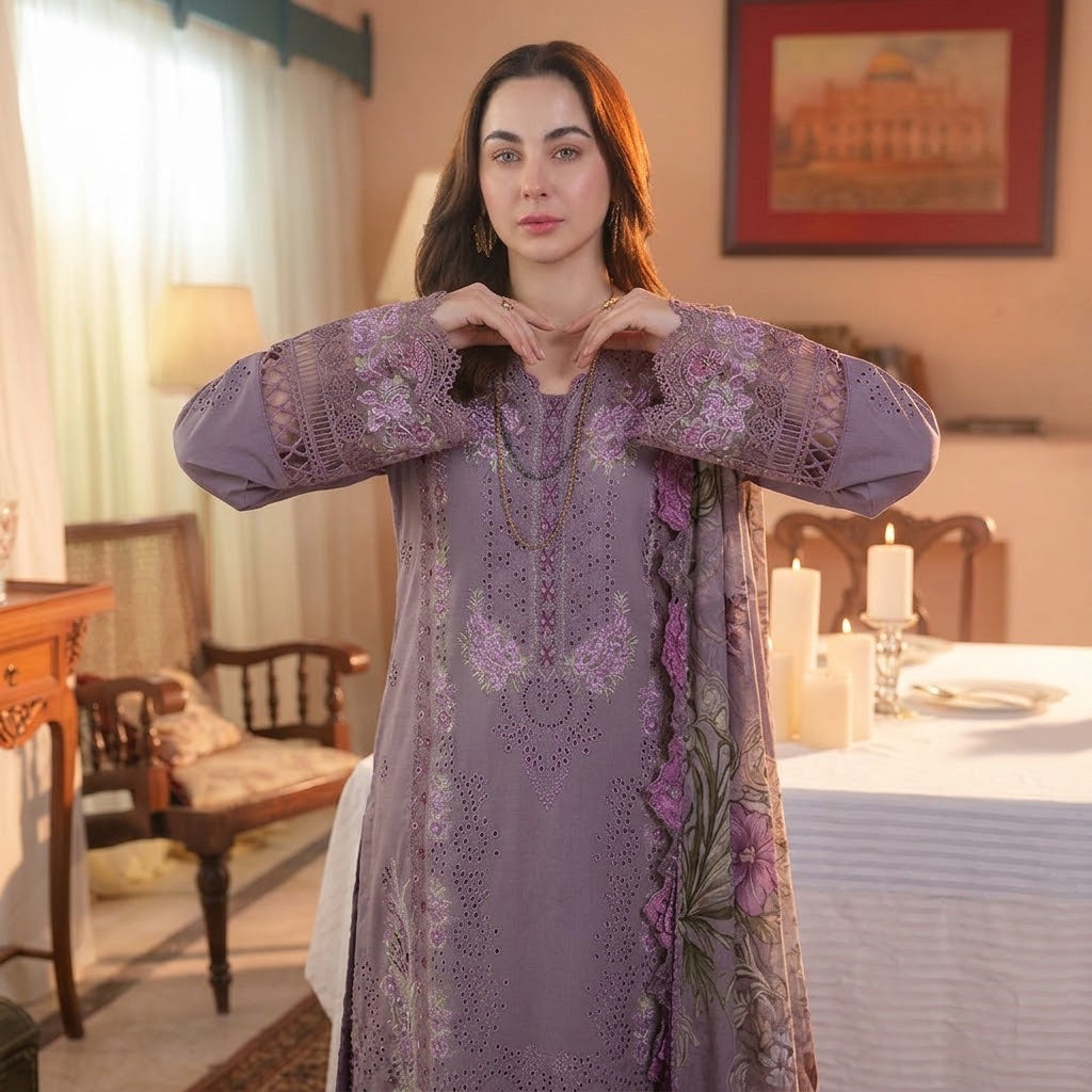 Women's winter embroidered Dhanak 3 piece unstitched suit with daman and sleeve patches and digital printed poly wool shawl