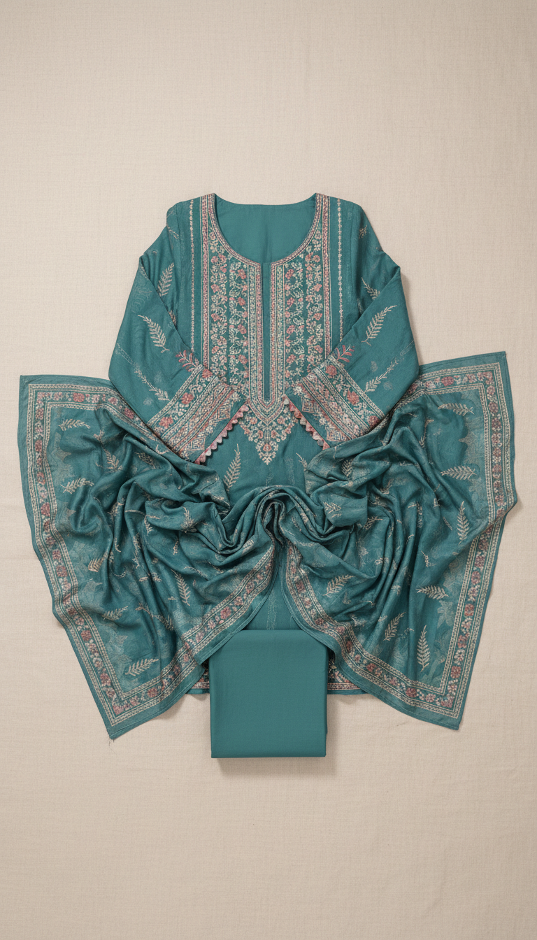 Teal Fern premium lawn three-piece set