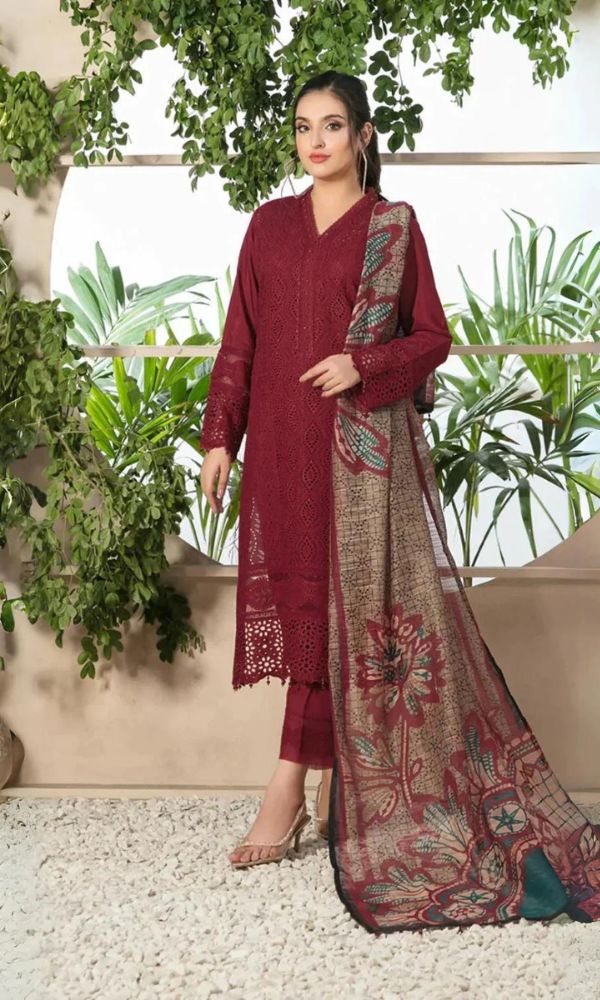 Lawn 3pc chikankari embroidered suit with monar printed dupatta