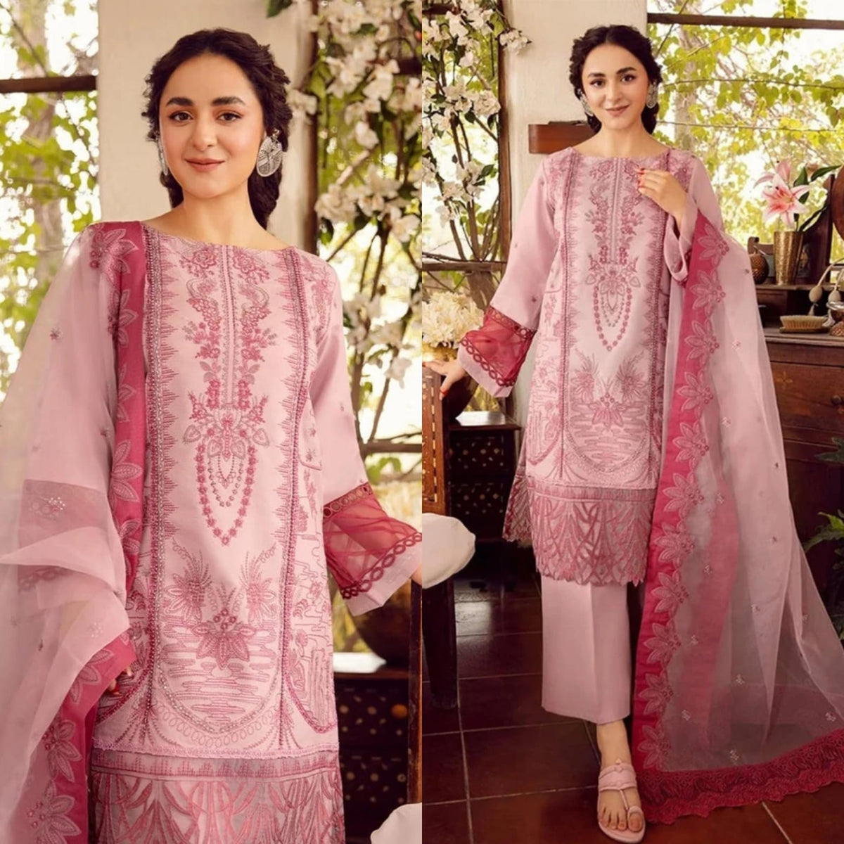Embroidered Lawn 3 Piece Unstitched Suit with Embroidered Front, Sleeve and Patches, Organza Dupatta, Plain Lawn Trouser and Back