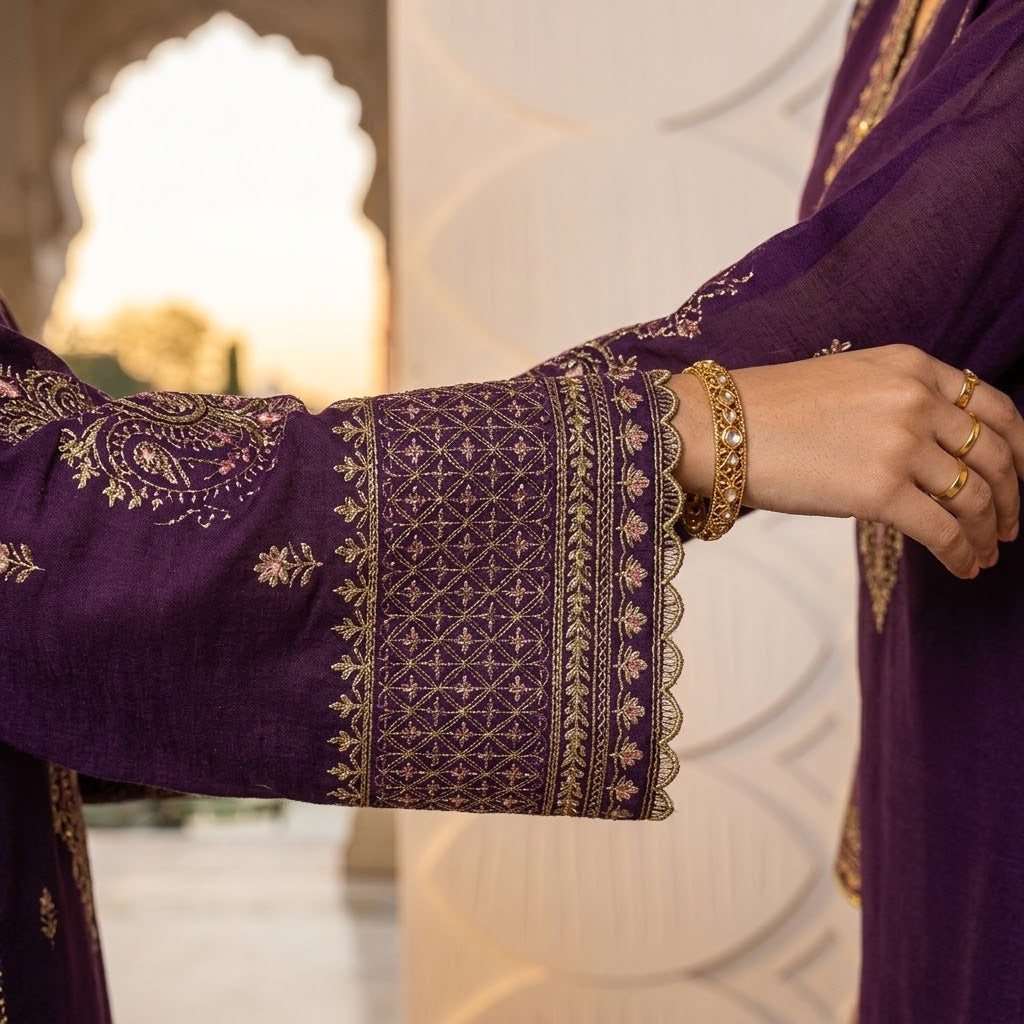 Women's Winter Embroidered Dhanak 3 Piece Suit with Bamber Chiffon Dupatta WS-006