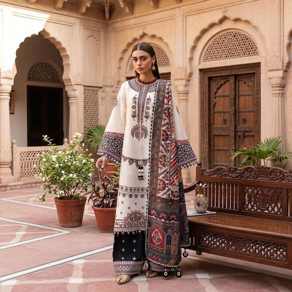 Women's 3 Piece Dhanak Embroidered Winter Suit
Dhanak Embroidered Shirt for Women Winter Collection
Dhanak Embroidered Sleeves with Patches
Plain Dhanak Backside for Women's Winter Suit
Digital Printed Poly Wool Shawl for Women
Embroidered Dhanak Trouser for Women's Winter Suit
Complete 3 Piece Dhanak Winter Suit with Printed Shawl