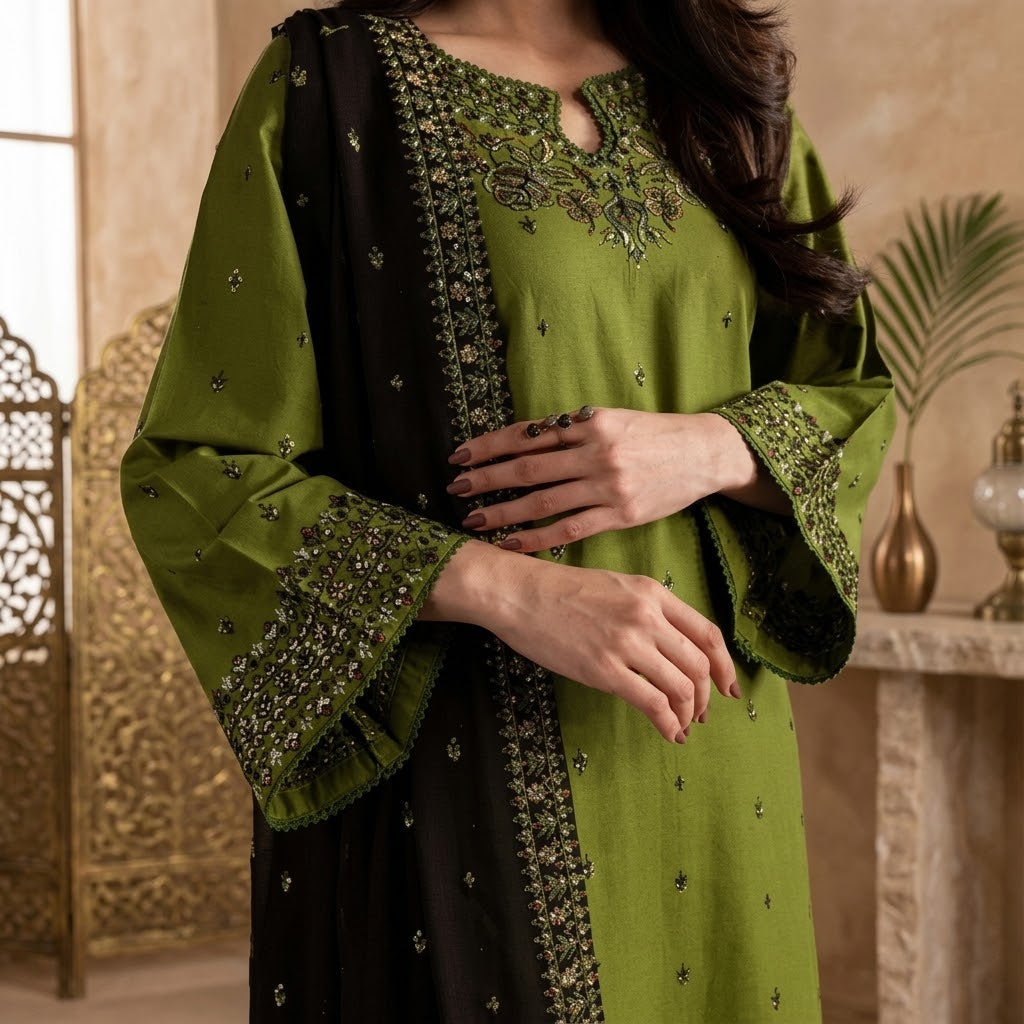 Women's winter embroidered Dhanak 3 piece unstitched suit with embroidered shawl and pallu patches