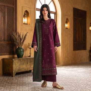 Women's winter embroidered Dhanak 3 piece unstitched suit with embroidered shawl