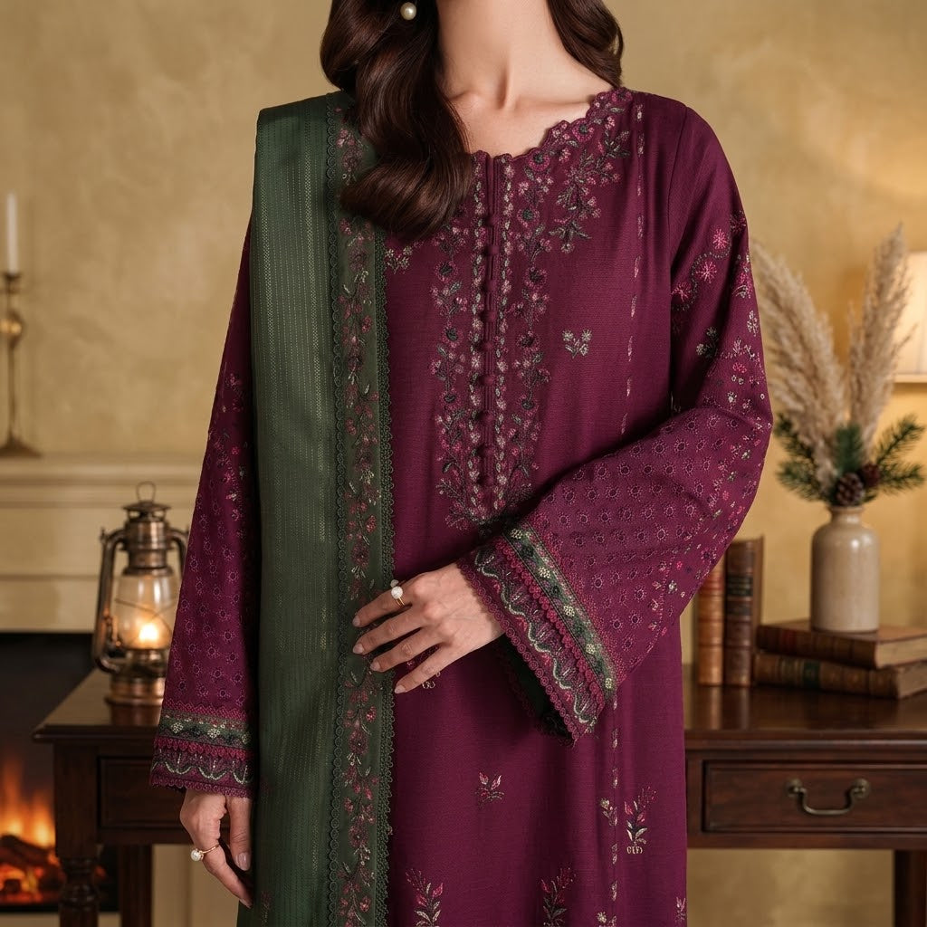 Women's winter embroidered Dhanak 3 piece unstitched suit with embroidered shawl
